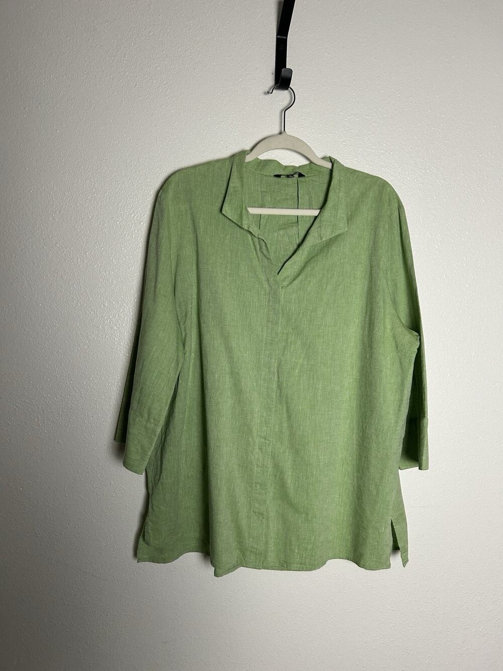 MISOOK Green 3/4 Sleeve Cotton Linen Blend Button Up Top Size XL